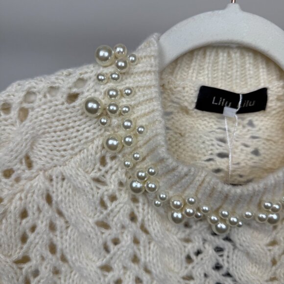 LiLu LiLu Women's Cable Knit Pullover Sweater with Pearl Detailing, Size 10, - Picture 5 of 7